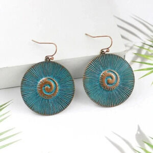 Antique Bronze Brass Verdigris Patina Round Swirl Geometric Earrings